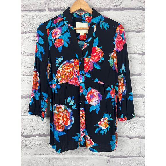 MAEVE Women's‎ 4 Black Floral Woodland Walk Button Front Tropical Resort Blouse - Picture 9 of 9